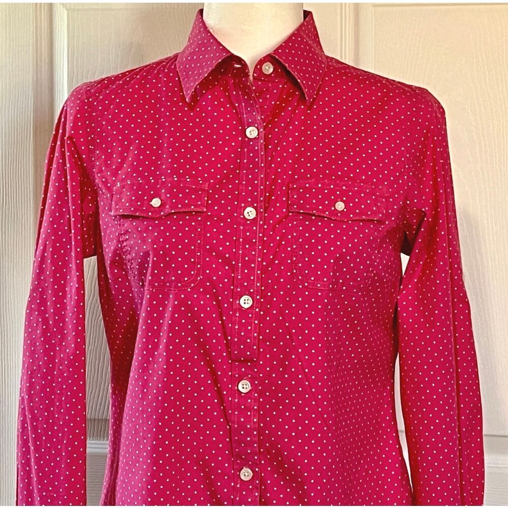 LL Bean Small pink polka dot top long sleeved shirt, button up, 3 pos. sleeves
